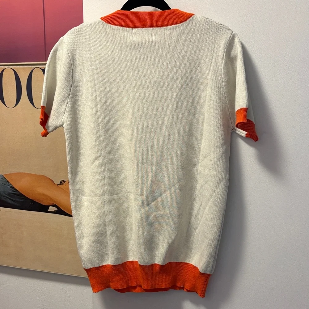 Whimsical Oxyknit Cat Graphic Sweater with Orange Trim L